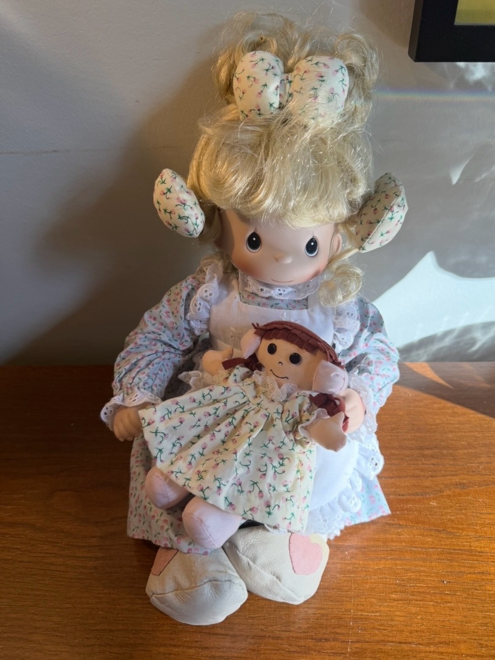 Precious Moments Blonde Girl Doll in Floral Dress with Small Rag Doll